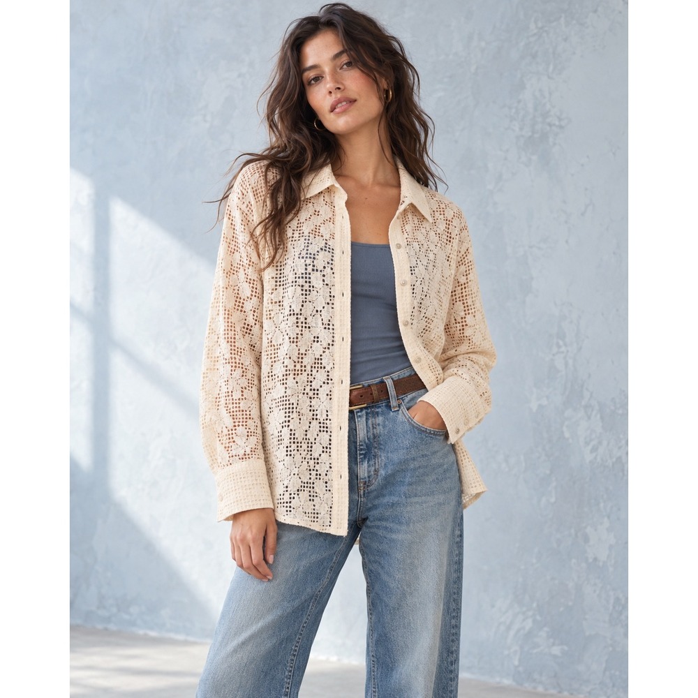Free People In Your Dreams Ivory Lace Shirt Women's Medium Boho Crochet